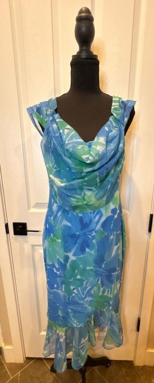 Chicme Floral Midi Dress Size L Blue Green Mesh Ruffle